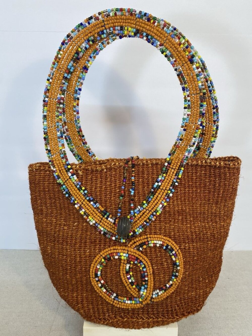 Handmade Brown Multi Color Beadwork Handwoven Bucket Bag Made in Kenya - Picture 2 of 11
